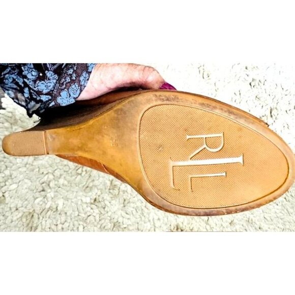 Lauren Ralph Lauren GoldenBrown Leather Peep Toe Adjust Strap Wedge Sandals 7.5 - Picture 7 of 8